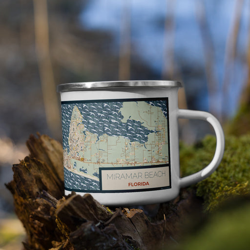 Right View Custom Miramar Beach Florida Map Enamel Mug in Woodblock on Grass With Trees in Background