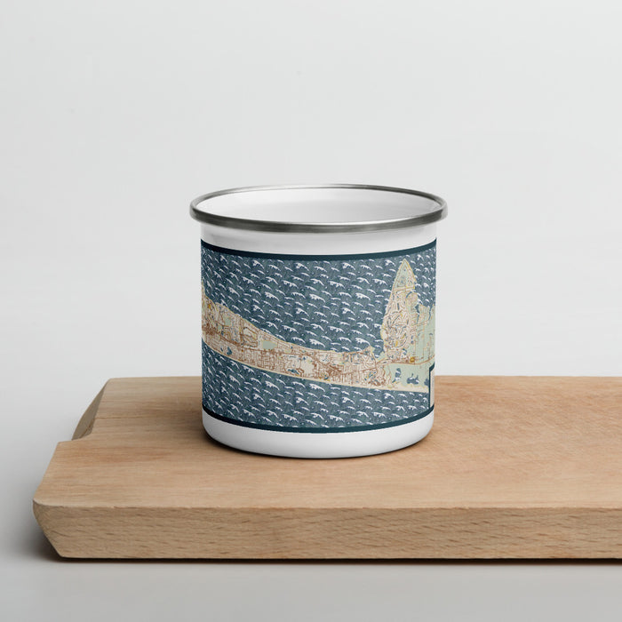 Front View Custom Miramar Beach Florida Map Enamel Mug in Woodblock on Cutting Board