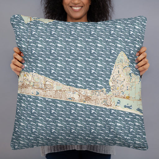 Person holding 22x22 Custom Miramar Beach Florida Map Throw Pillow in Woodblock