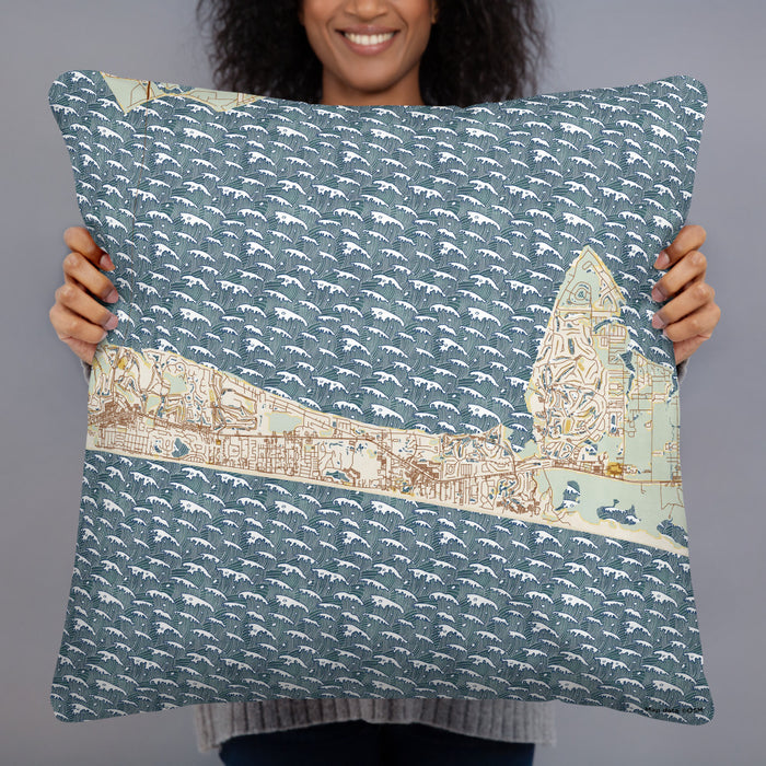 Person holding 22x22 Custom Miramar Beach Florida Map Throw Pillow in Woodblock