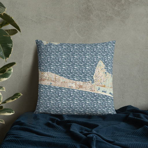 Custom Miramar Beach Florida Map Throw Pillow in Woodblock on Bedding Against Wall