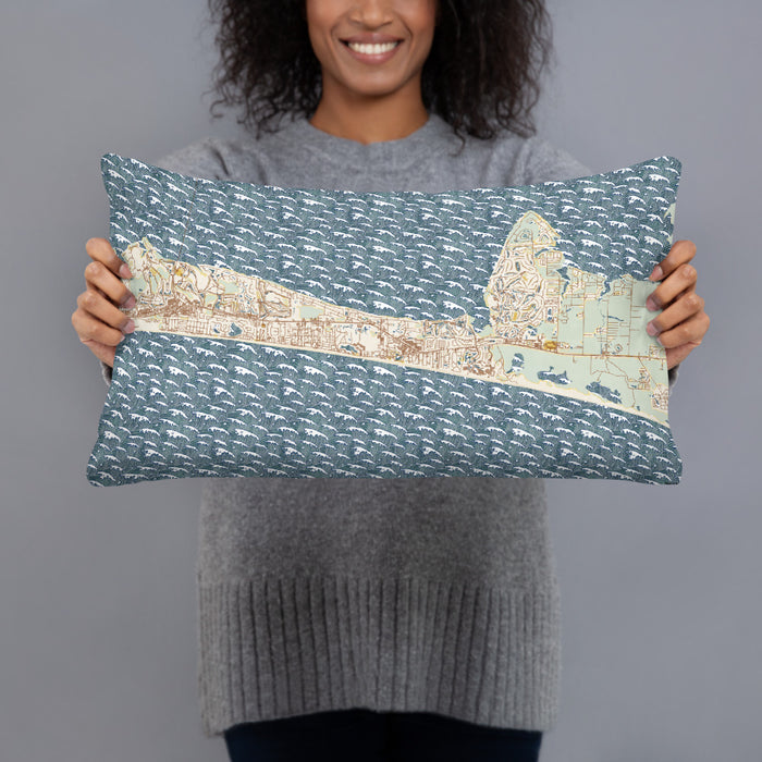 Person holding 20x12 Custom Miramar Beach Florida Map Throw Pillow in Woodblock