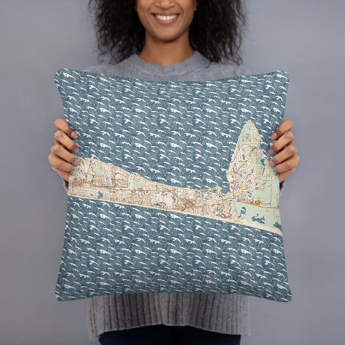 Person holding 18x18 Custom Miramar Beach Florida Map Throw Pillow in Woodblock