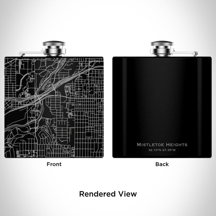 Rendered View of Mistletoe Heights Fort Worth Map Engraving on 6oz Stainless Steel Flask in Black