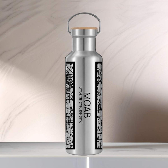 Moab Utah Custom City Map Inscription Coordinates on 20oz Stainless Steel Insulated Bottle with Bamboo Top with printed Tactile Lines Map in Black