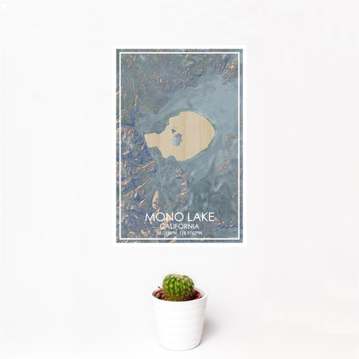 12x18 Mono Lake California Map Print Portrait Orientation in Afternoon Style With Small Cactus Plant in White Planter