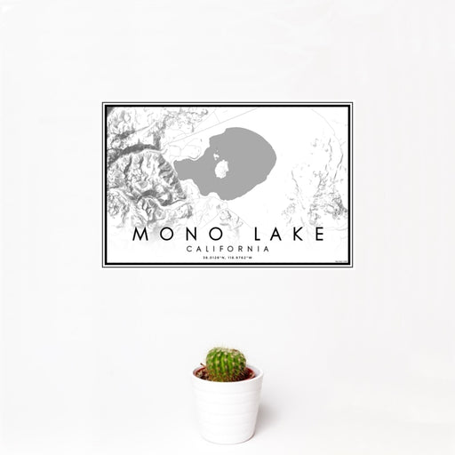 12x18 Mono Lake California Map Print Landscape Orientation in Classic Style With Small Cactus Plant in White Planter