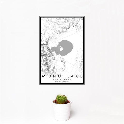 12x18 Mono Lake California Map Print Portrait Orientation in Classic Style With Small Cactus Plant in White Planter