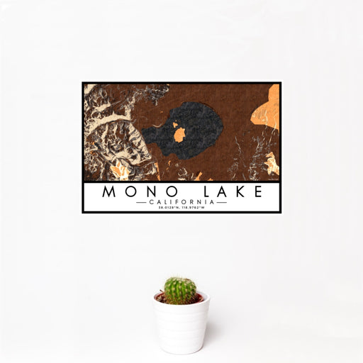 12x18 Mono Lake California Map Print Landscape Orientation in Ember Style With Small Cactus Plant in White Planter
