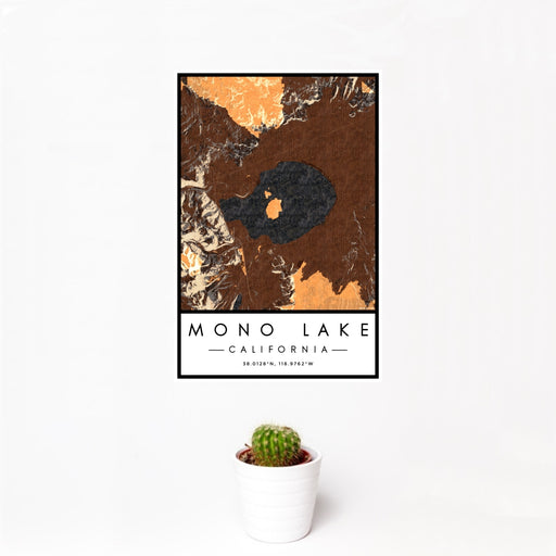 12x18 Mono Lake California Map Print Portrait Orientation in Ember Style With Small Cactus Plant in White Planter