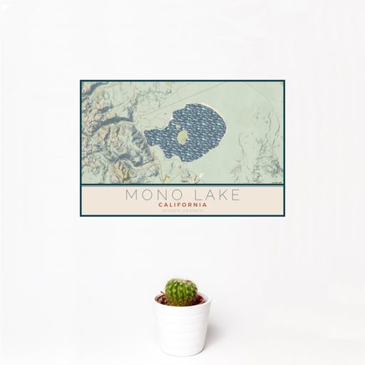12x18 Mono Lake California Map Print Landscape Orientation in Woodblock Style With Small Cactus Plant in White Planter