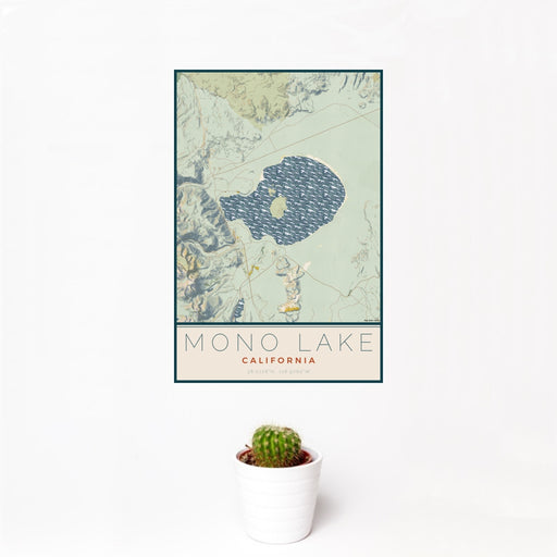 12x18 Mono Lake California Map Print Portrait Orientation in Woodblock Style With Small Cactus Plant in White Planter