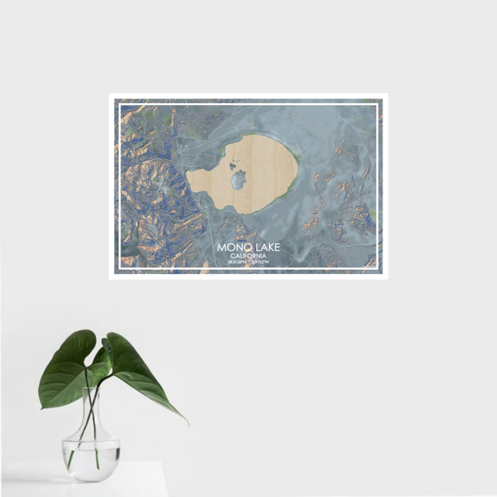 16x24 Mono Lake California Map Print Landscape Orientation in Afternoon Style With Tropical Plant Leaves in Water