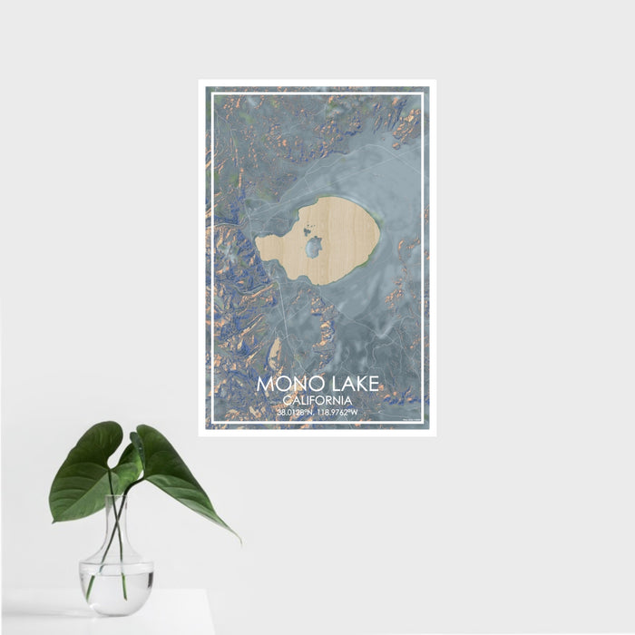 16x24 Mono Lake California Map Print Portrait Orientation in Afternoon Style With Tropical Plant Leaves in Water