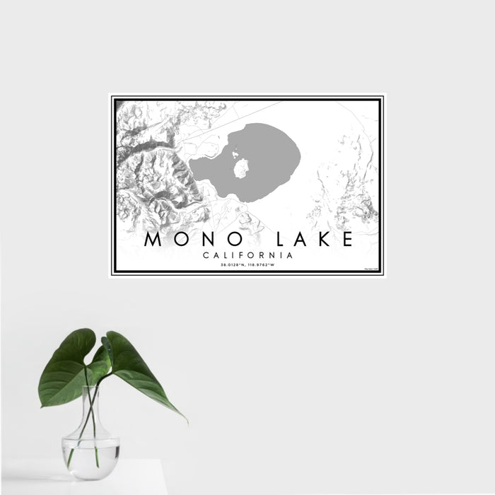 16x24 Mono Lake California Map Print Landscape Orientation in Classic Style With Tropical Plant Leaves in Water