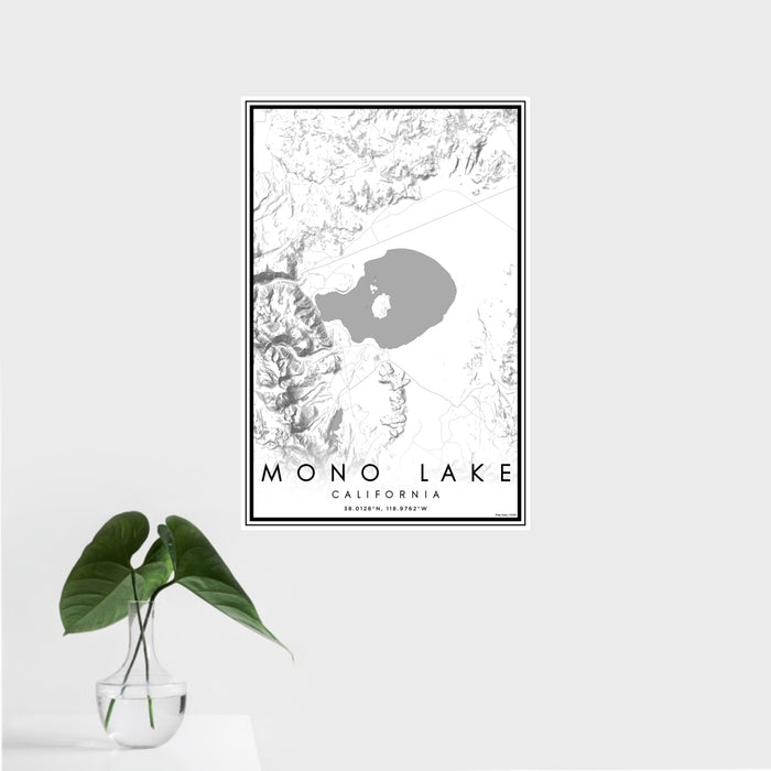 16x24 Mono Lake California Map Print Portrait Orientation in Classic Style With Tropical Plant Leaves in Water
