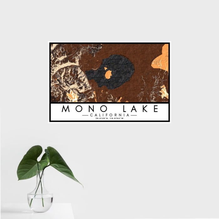 16x24 Mono Lake California Map Print Landscape Orientation in Ember Style With Tropical Plant Leaves in Water