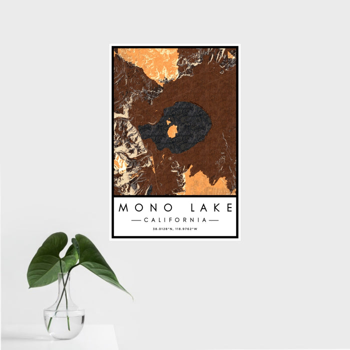 16x24 Mono Lake California Map Print Portrait Orientation in Ember Style With Tropical Plant Leaves in Water