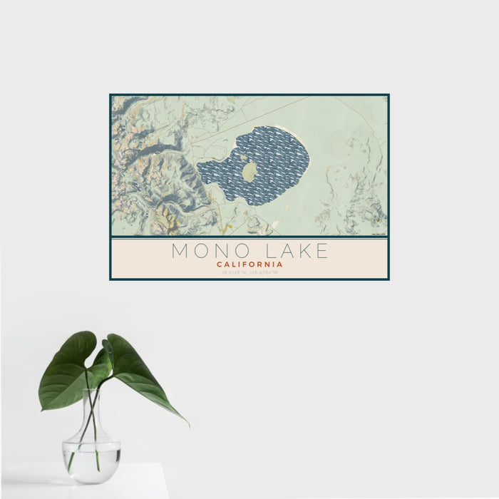 16x24 Mono Lake California Map Print Landscape Orientation in Woodblock Style With Tropical Plant Leaves in Water