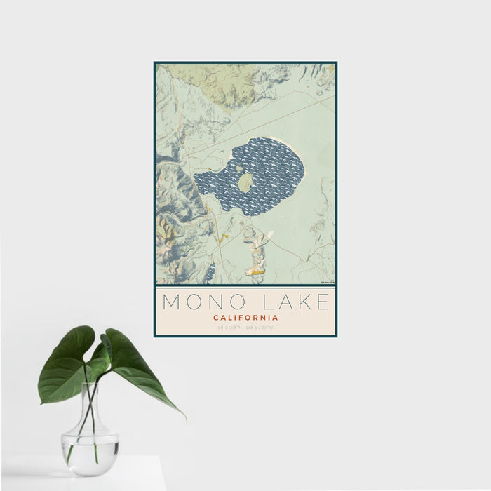 16x24 Mono Lake California Map Print Portrait Orientation in Woodblock Style With Tropical Plant Leaves in Water