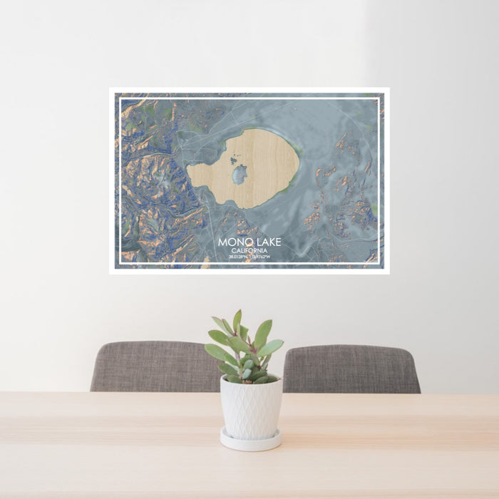 24x36 Mono Lake California Map Print Lanscape Orientation in Afternoon Style Behind 2 Chairs Table and Potted Plant