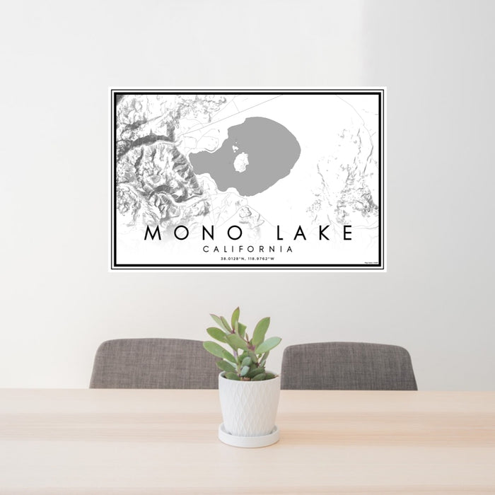 24x36 Mono Lake California Map Print Lanscape Orientation in Classic Style Behind 2 Chairs Table and Potted Plant