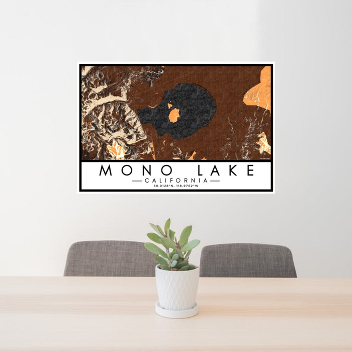 24x36 Mono Lake California Map Print Lanscape Orientation in Ember Style Behind 2 Chairs Table and Potted Plant