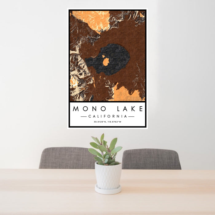 24x36 Mono Lake California Map Print Portrait Orientation in Ember Style Behind 2 Chairs Table and Potted Plant