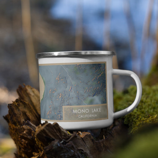 Right View Custom Mono Lake California Map Enamel Mug in Afternoon on Grass With Trees in Background