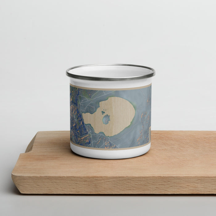 Front View Custom Mono Lake California Map Enamel Mug in Afternoon on Cutting Board