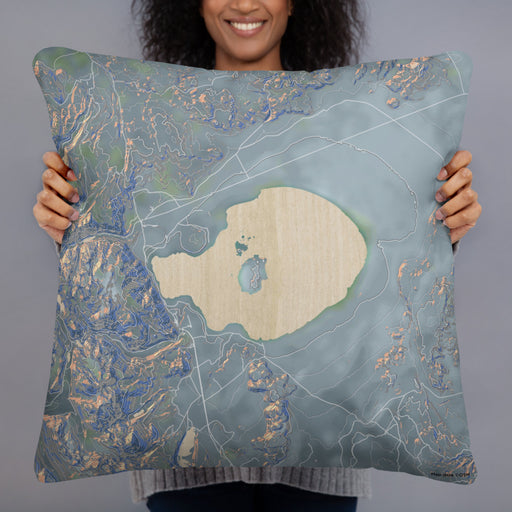 Person holding 22x22 Custom Mono Lake California Map Throw Pillow in Afternoon