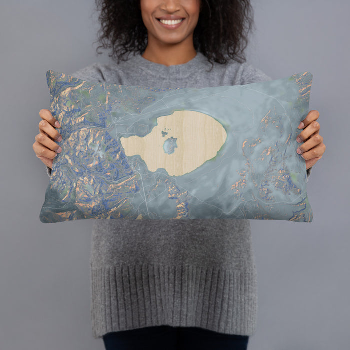 Person holding 20x12 Custom Mono Lake California Map Throw Pillow in Afternoon