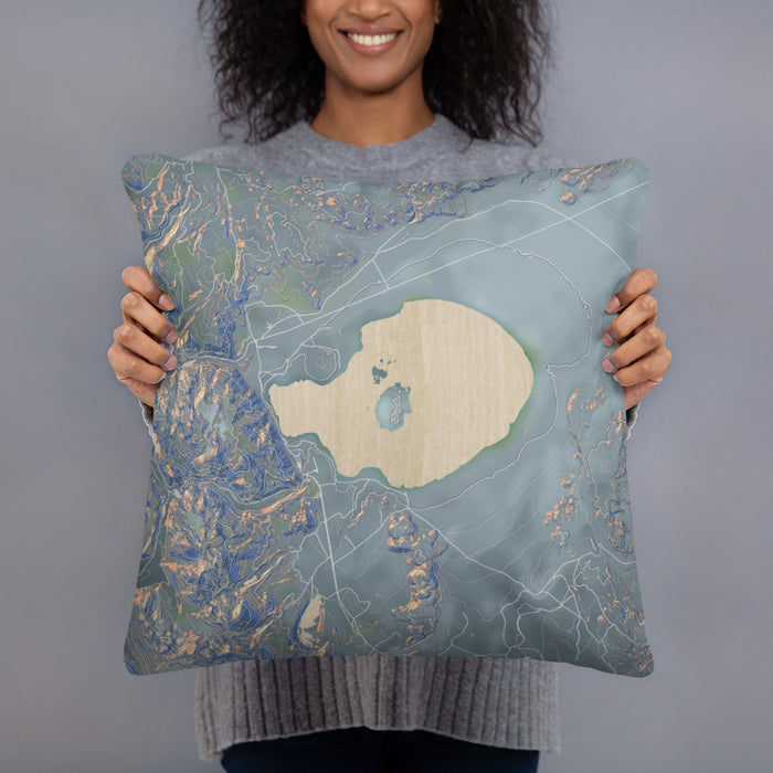 Person holding 18x18 Custom Mono Lake California Map Throw Pillow in Afternoon