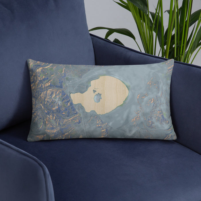 Custom Mono Lake California Map Throw Pillow in Afternoon on Blue Colored Chair