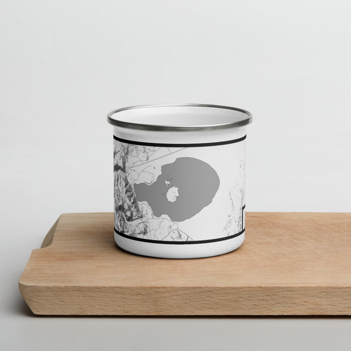 Front View Custom Mono Lake California Map Enamel Mug in Classic on Cutting Board