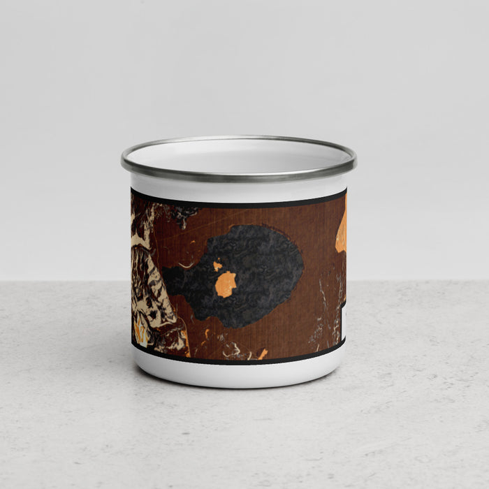 Front View Custom Mono Lake California Map Enamel Mug in Ember