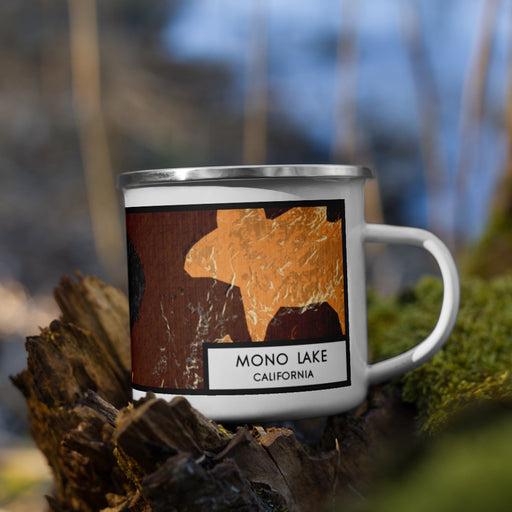 Right View Custom Mono Lake California Map Enamel Mug in Ember on Grass With Trees in Background