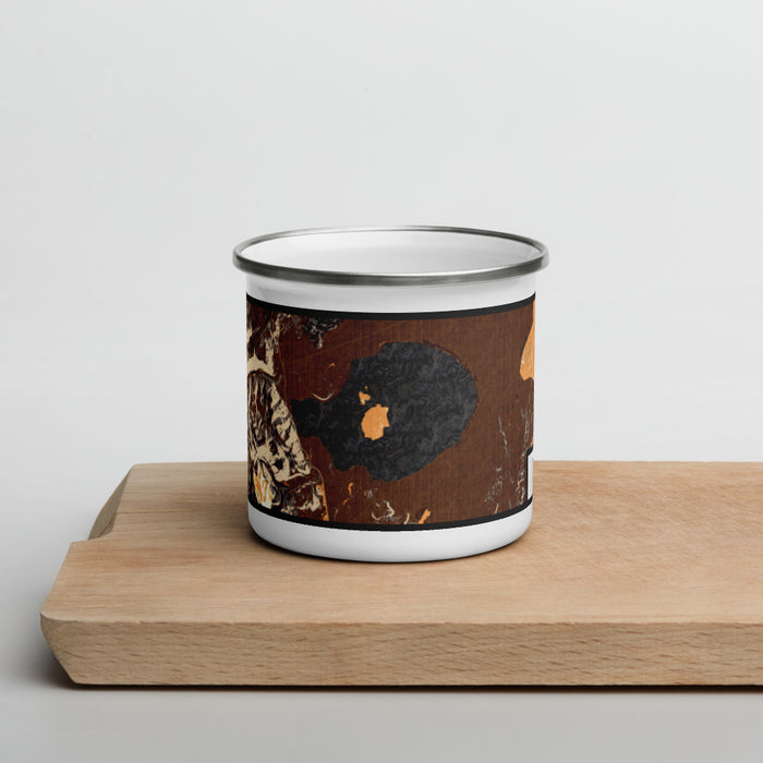 Front View Custom Mono Lake California Map Enamel Mug in Ember on Cutting Board