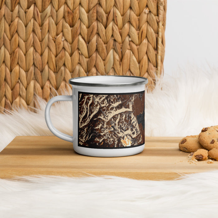 Left View Custom Mono Lake California Map Enamel Mug in Ember on Table Top