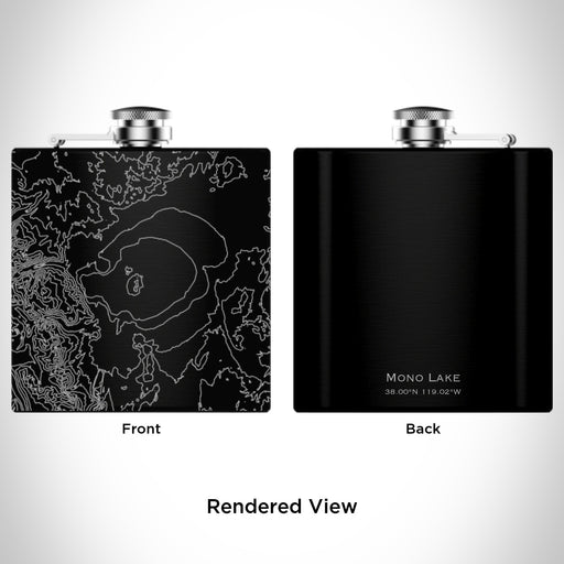 Rendered View of Mono Lake California Map Engraving on 6oz Stainless Steel Flask in Black