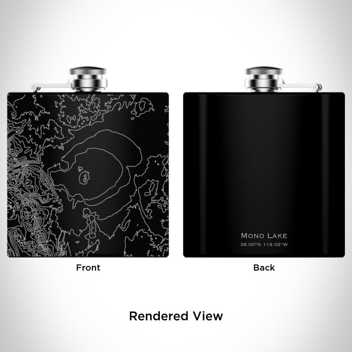 Rendered View of Mono Lake California Map Engraving on 6oz Stainless Steel Flask in Black