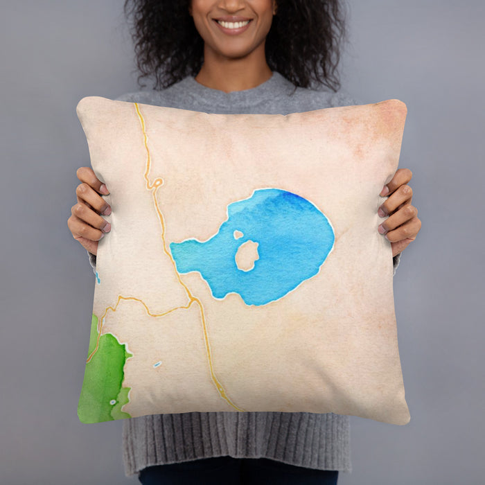 Person holding 18x18 Custom Mono Lake California Map Throw Pillow in Watercolor