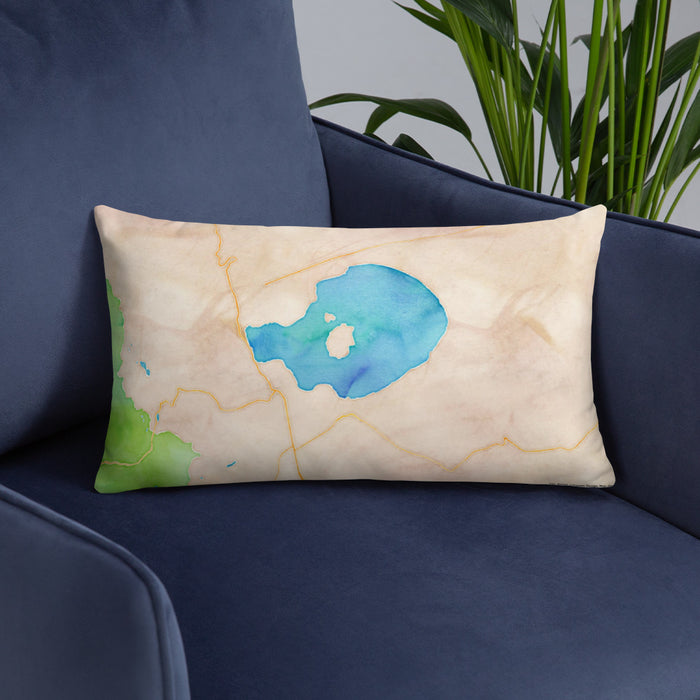 Custom Mono Lake California Map Throw Pillow in Watercolor on Blue Colored Chair