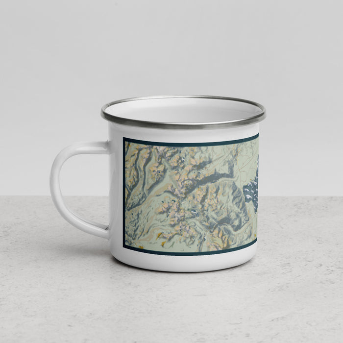 Left View Custom Mono Lake California Map Enamel Mug in Woodblock