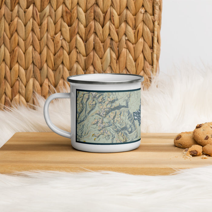 Left View Custom Mono Lake California Map Enamel Mug in Woodblock on Table Top