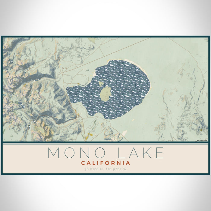 Mono Lake California Map Print Landscape Orientation in Woodblock Style With Shaded Background
