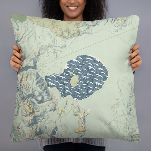 Person holding 22x22 Custom Mono Lake California Map Throw Pillow in Woodblock