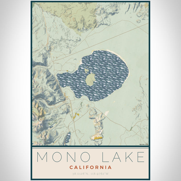 Mono Lake California Map Print Portrait Orientation in Woodblock Style With Shaded Background