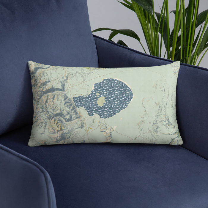 Custom Mono Lake California Map Throw Pillow in Woodblock on Blue Colored Chair