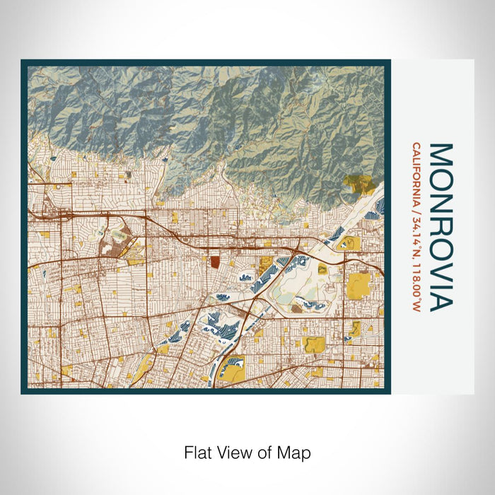 Rendered View of Monrovia California Map on 20oz Stainless Steel Insulated Bottle with Bamboo Top with printed woodblock style map